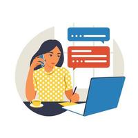 A woman works on a laptop computer and talks on the phone sitting at a table at home with a Cup of coffee and papers. Vector illustration. Flat.