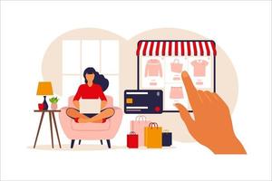 Woman shopping online on laptop. Vector illustration. Online store payment. Bank credit cards. Digital pay technology. E-paying. Flat style modern vector illustration.