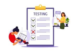 Concept of online exam on internet. Woman sitting near online form survey on laptop. Questionnaire, web learning, electronic voting. Vector illustration.