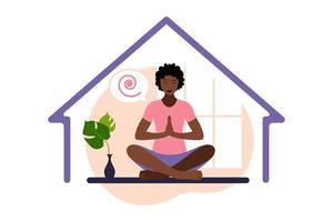 meditación, concepto de yoga, relax, recreación, estilo de vida saludable. mujer africana en posición de loto. ilustración vectorial. vector