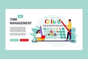 Timing and project scheduling. Landing page. Concept of time management, work planning method, organization of daily goals and accomplishments. Vector illustration. Flat.