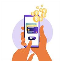 Online mobile payment concept. Mobile phone with credit card icon on the touch screen. Data protection concept. Can use for web banner, infographics. Vector illustration in flat.