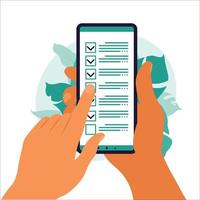 Checklist on smartphone screen. Online survey concept. Hand holds mobile phone and check list with checkmark. Vector illustration. Flat