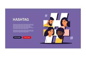 Hashtag Social Media Concept. Young people customer sending posts and sharing. Landing page template. Vector illustration. Flat.