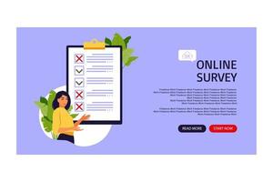 Survey of customer satisfaction. Landing page. Piece of paper with ticks and crosses. Small people characters fill out a form. Vector illustration. Flat style.