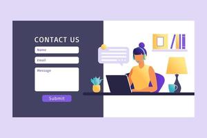 Contact Us Form Template for Web. Female Customer Service Agent with Headset Talking with Client. Landing Page. Online Customer Support . Vector Illustration.