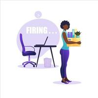 Vector illustration of firing employee. African american woman standing with offices box with things. Unemployment concept, crisis, jobless and employee job reduction. Job loss.