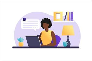 mujer afroamericana sentada en la mesa con ordenador portátil. trabajando en una computadora. freelance, educación en línea o concepto de redes sociales. trabajando desde casa, trabajo remoto. estilo plano. ilustración vectorial. vector