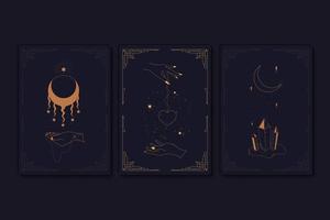 Set of mystical tarot cards. Elements of esoteric, occult, alchemical and witch symbols. Zodiac signs. Cards with esoteric symbols. Silhouette of hands, stars, moon and crystals. Vector illustration