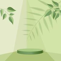 Abstract minimal scene with geometric forms. cylinder podium in green background with green plant leaves. product presentation, mockup, show product, podium, stage pedestal or platform. 3d vector