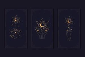 Set of mystical tarot cards. Elements of esoteric, occult, alchemical and witch symbols. Zodiac signs. Cards with esoteric symbols. Silhouette of hands, stars, moon and crystals. Vector illustration