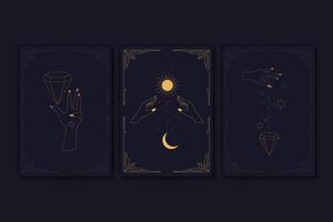 Set of mystical tarot cards. Elements of esoteric, occult, alchemical and witch symbols. Zodiac signs. Cards with esoteric symbols. Silhouette of hands, stars, moon and crystals. Vector illustration