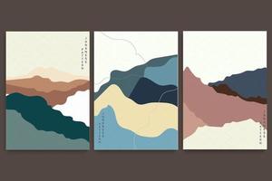 Art landscape background with Japanese wave pattern vector. Abstract template with curve element. Mountain forest layout design in vintage style.