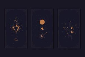 juego de cartas del tarot místico. elementos de símbolos esotéricos, ocultos, alquímicos y de brujas. signos del zodiaco. tarjetas con símbolos esotéricos. silueta de manos, estrellas, luna y cristales. ilustración vectorial vector