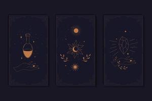 Set of mystical tarot cards. Elements of esoteric, occult, alchemical and witch symbols. Zodiac signs. Cards with esoteric symbols. Silhouette of hands, stars, moon and crystals. Vector illustration