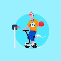 Niño jugando baloncesto en vector de concepto de ilustración de scooter de equitación