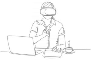 continuous One Line Woman In Vr Glasses Clicking In The Air. Vector Illustration.