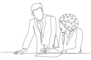 Continuous lines of entrepreneurs and business women discussing work processes vector illustration