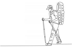 One continuous line drawn of character travel photographer with camera and backpack vector illustration L