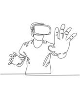 Continuous line drawing of a man playing game wearing vr glasses vector illustration