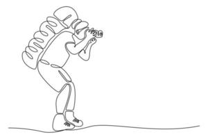 One continuous line drawn of character travel photographer with camera and backpack vector illustration L