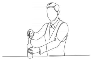 Línea continua de barman abriendo botella de vino ilustración vectorial