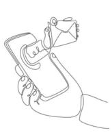 Continuous line drawing Hand holding smartphone with e-mail notification vector illustration