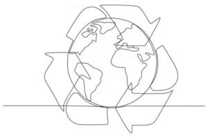 Dibujo de línea continua de la tierra con la ilustración de vector de signo de papelera de reciclaje