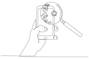 dibujo de línea continua de una mano sosteniendo un teléfono móvil con lupa identificando bacterias ilustración vectorial vector