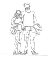 continuous line drawing of man and woman wearing masks, vector illustration