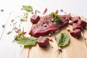 Raw beef on white wood background photo