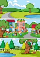 Set of different horizontal scenes background with doodle kids cartoon character vector