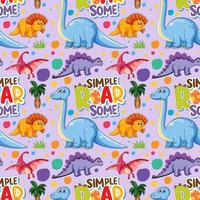 Seamless pattern with cute dinosaurs and font on purple background vector