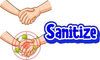 Sanitize font in cartoon style with hands holding together vector