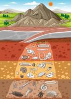 Scene with various animals bones and dinosaurs fossils in soil layers vector