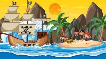 escena de la isla del tesoro al atardecer con niños piratas vector