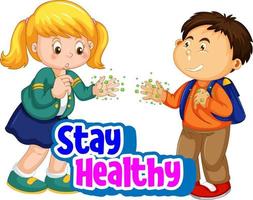 Stay Healthy font with two kids do not keep social distancing isolated vector