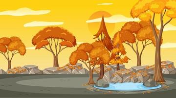 Empty park scene at sunset time with many trees vector