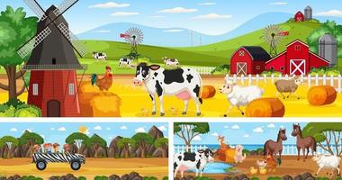 Outdoor panoramic landscape scenes set with cartoon character vector