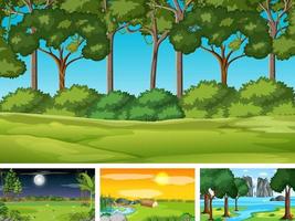 cuatro escenas diferentes de parque natural y bosque. vector