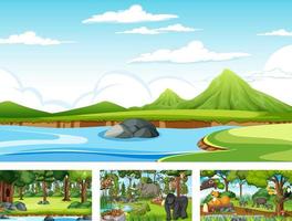 Set of different forest horizontal scene with various wild animals vector