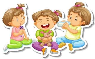 Sticker template with three baby girls cartoon character isolated vector