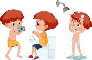 Set of a boy cartoon character doing different activities vector