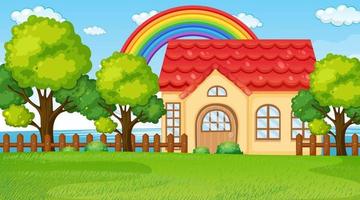 Escena de paisaje natural con una casa y un arco iris en el cielo. vector