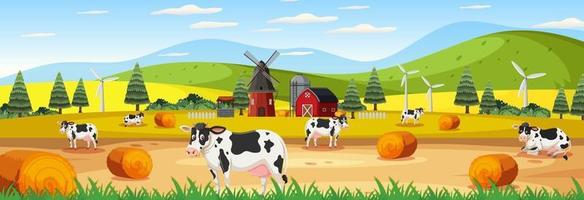 Panorama de la escena del paisaje con muchas vacas en la granja. vector