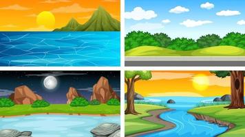 cuatro escenas diferentes de parque natural y bosque. vector