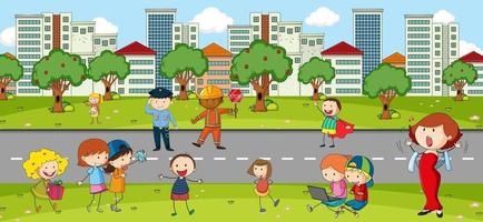 Outdoor scene with many kids playing in the park vector