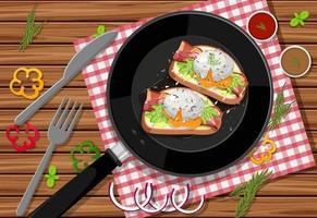 Breakfast bruschetta in a pan on the table background vector