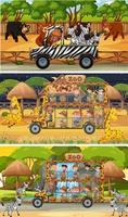 Set of different safari horizontal scenes with animals and kids cartoon character vector