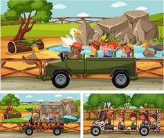 Different safari scenes with animals and kids cartoon character vector